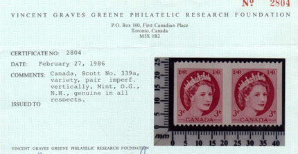 Canada #339a VF/NH Imperf Pair  **With Certificate**