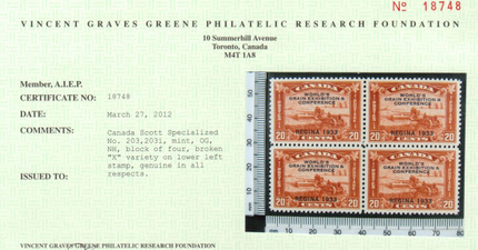 Canada #203i XF/NH Broken X Variety Block  **With Cert.**