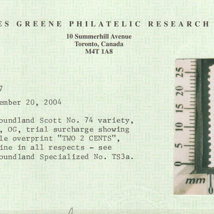 Newfoundland #74e Mint Rare Essay Surcharge Variety **With Cert.**