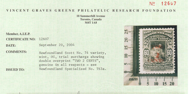 Newfoundland #74e Mint Rare Essay Surcharge Variety **With Cert.**