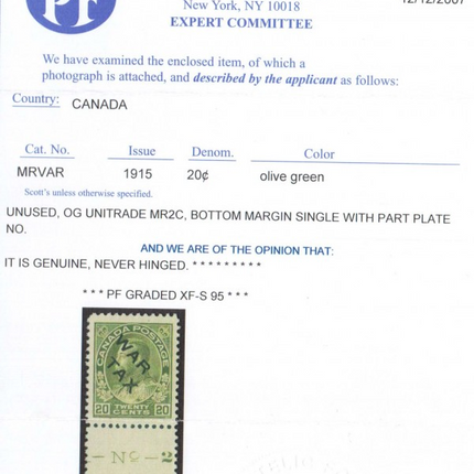 Canada #MR2c NH Mint Superb Gem  **With PF Graded XF 95 Certificate**