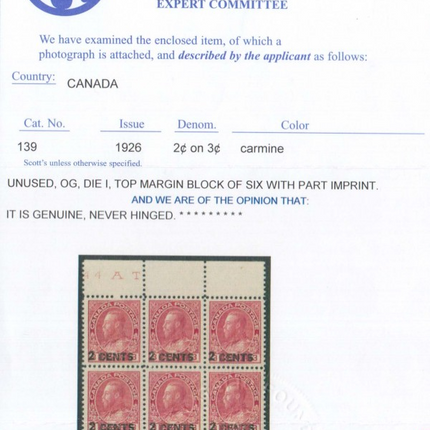 Canada #139 XF/NH Imprint Block Of Six **With Certificate**