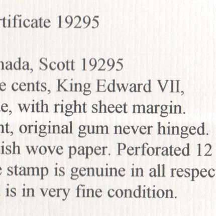 Canada #91 VF/NH Margin Copy **With Certificate**