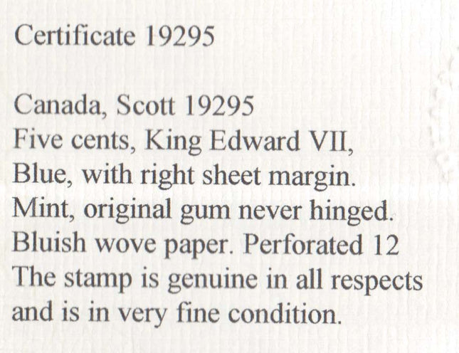 Canada #91 VF/NH Margin Copy **With Certificate**