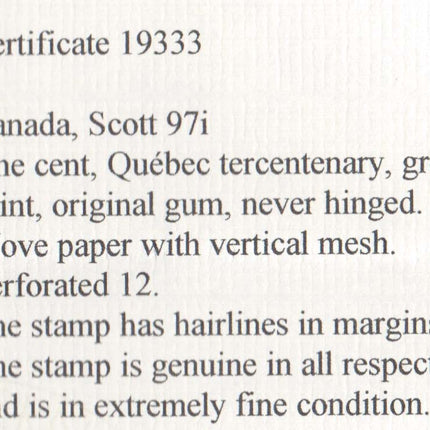 Canada #97i XF/NH Hairlines Variety **With Certificate**