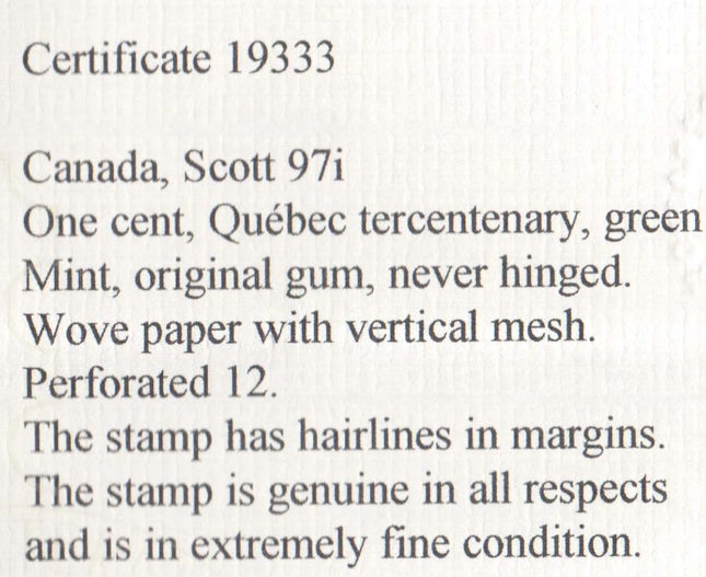 Canada #97i XF/NH Hairlines Variety **With Certificate**