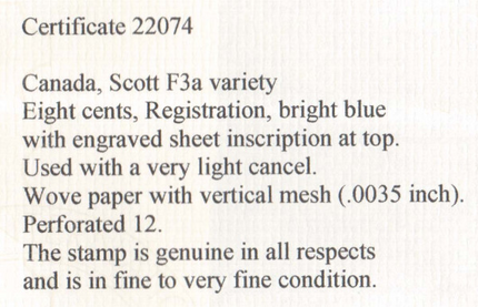 Canada #F3a VF Used Counter Example **With Certificate**