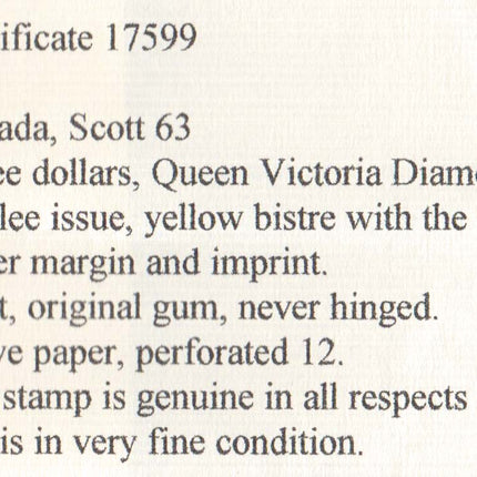 Canada #63 VF/NH Imprint single  **With Certificate**