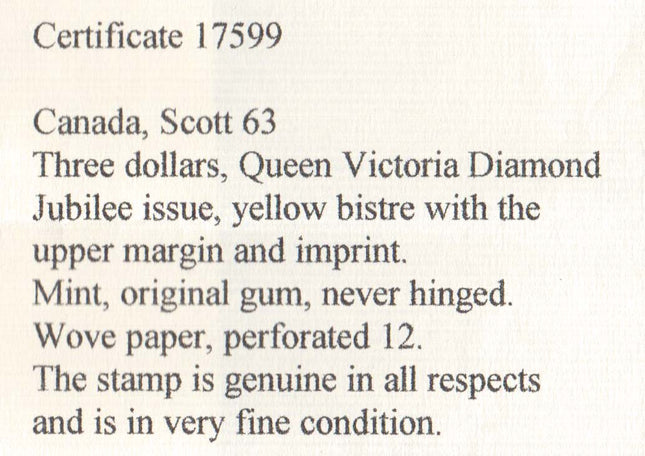 Canada #63 VF/NH Imprint single  **With Certificate**