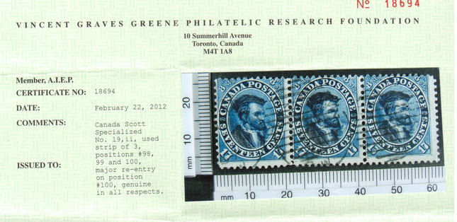 Canada #19ii Used Major Reentry Strip Of Three **With Cert.**