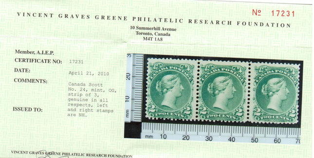 Canada #24 Mint Strip Of Three **With Certificate**