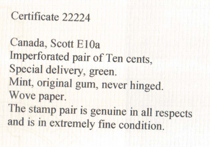 Canada #E10a XF/NH Imperforate Pair  **With Certificate**
