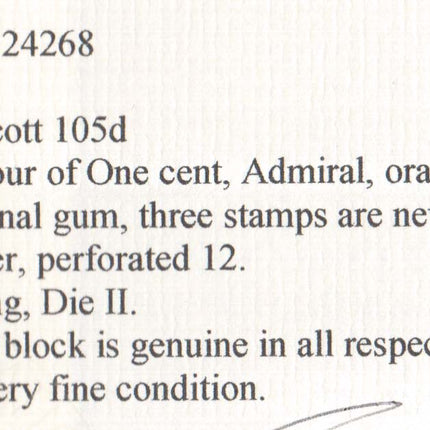 Canada #105d Mint Superb Block **With Certificate**