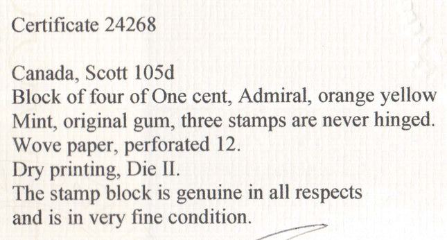 Canada #105d Mint Superb Block **With Certificate**