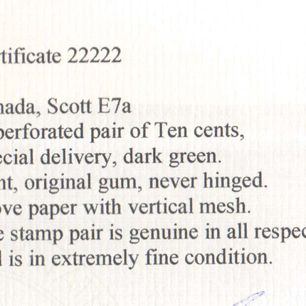 Canada #E7a XF/NH Imperforate Pair  **With Certificate**