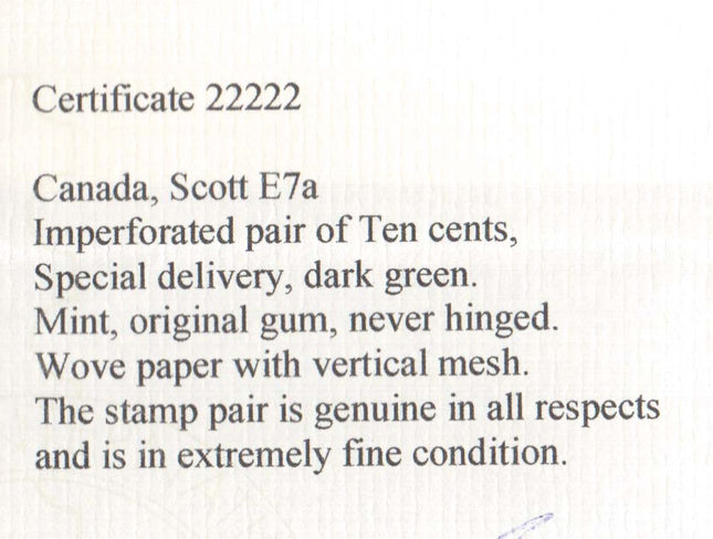 Canada #E7a XF/NH Imperforate Pair  **With Certificate**