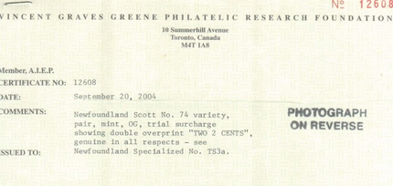Newfoundland #74e2 Mint Surcharge Doubled In Red **With Cert.**