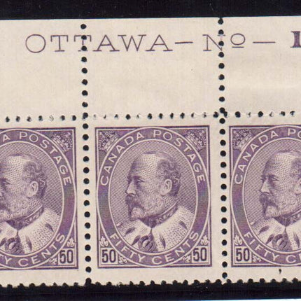 Canada #95i VF Mint Plate #1 Strip Of Three