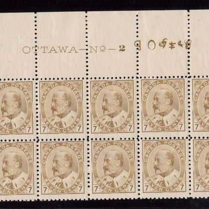 Canada #92iii NH Mint Complete Top Margin Plate #2 Block Of Twenty