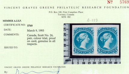 Canada #26TC XF Trial Color Plate Proof Pair In Azure Blue **With Cert.**