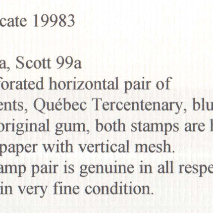 Canada #99a XF Mint Imperforate Pair **With Certificate**
