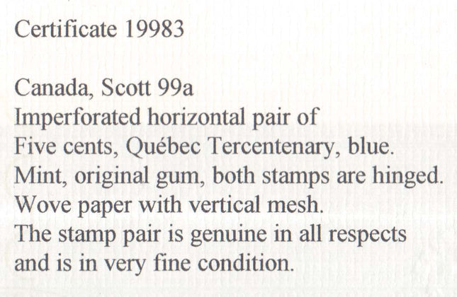 Canada #99a XF Mint Imperforate Pair **With Certificate**