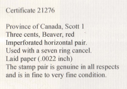 Canada #1 VF Used Pair On Laid Paper  **With Certificate**