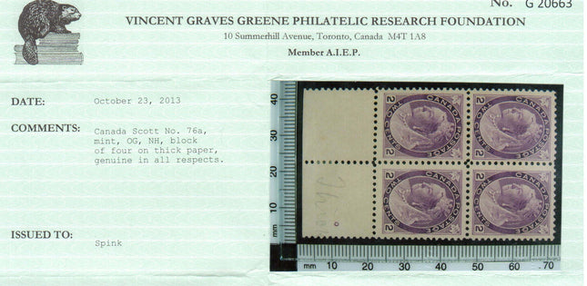Canada #76a VF/NH Block **With Certificate**