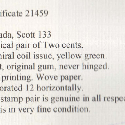 Canada #133 VF/NH Coil Pair  **With Certificate**