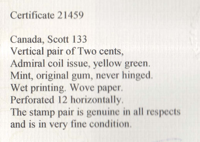 Canada #133 VF/NH Coil Pair  **With Certificate**