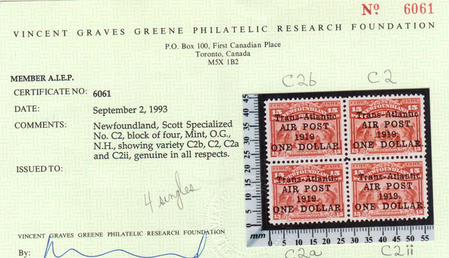 Newfoundland #C2ii XF/NH Small Comma Variety  **With Cert.**
