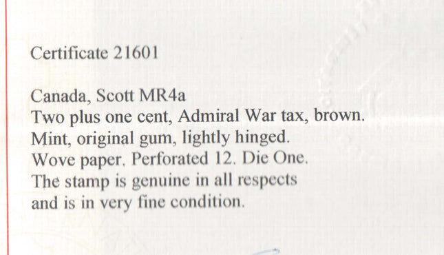 Canada #MR4a VF Mint  **With Certificate**