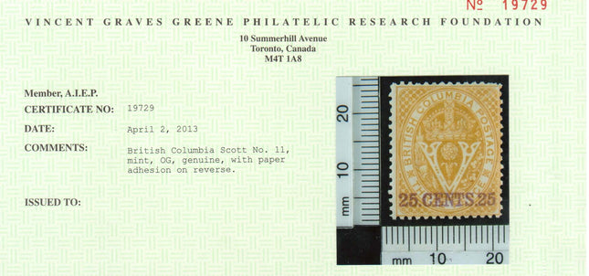 British Columbia #11 Mint  **With Certificate**