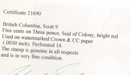 British Columbia #9 VF Used  **With Certificate**