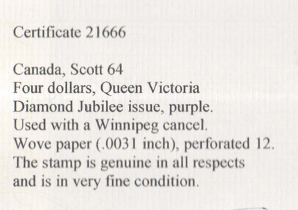Canada #64 VF Used With Winnipeg Magenta Cancel  **With Certificate**