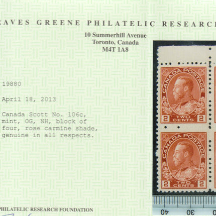 Canada #106c XF/NH Scarce Block  **With Certificate**