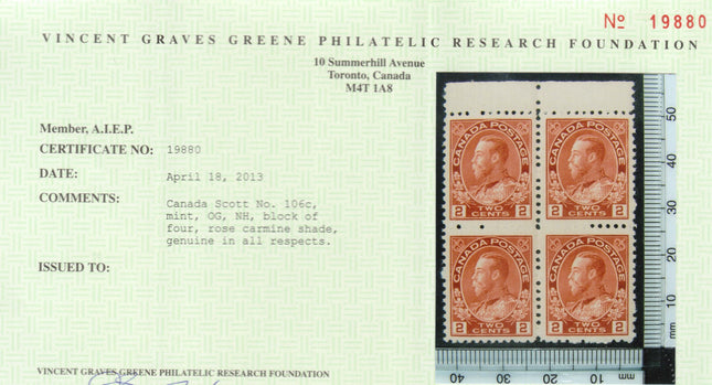 Canada #106c XF/NH Scarce Block  **With Certificate**