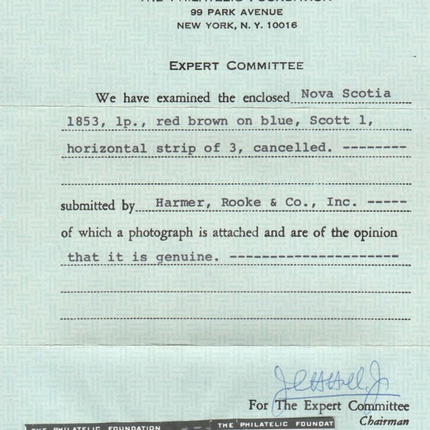 Nova Scotia #1 VF Used Strip Of Three **With Cert.**