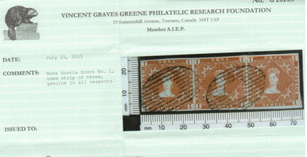Nova Scotia #1 XF Used Showpiece Strip Of Three **With Cert.**