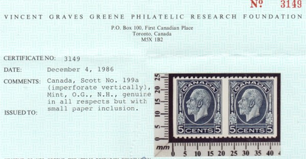 Canada #199a XF/NH Imperf Pair **With Certificate**
