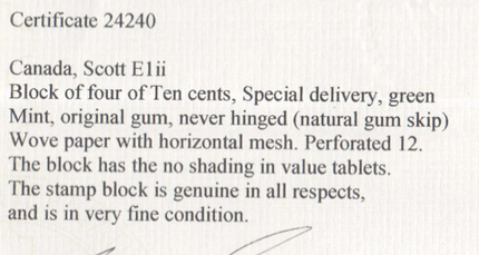 Canada #E1ii XF Mint Block **With Certificate**