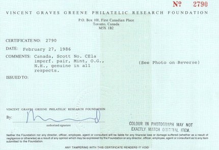Canada #CE1a XF/NH Imperforate Pair **With Certificate**