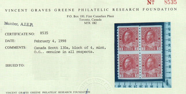 Canada #130a XF Mint Imperf Block **With Certificate**