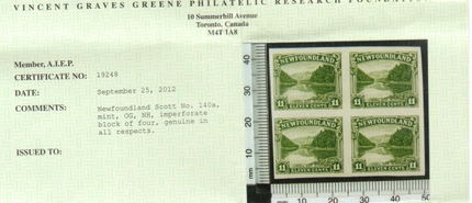 Newfoundland #140a XF/NH Imperforate Block  **With Certificate**