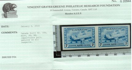 Canada #C8a XF/NH Imperforate Pair **With Certificate**
