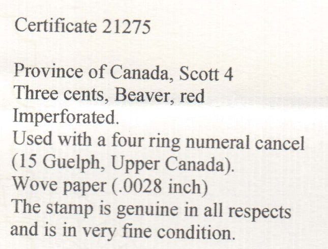 Canada #4 VF Used With Ideal 4 Ring 15 Guelph Cancel **With Cert.**