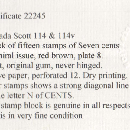 Canada #114 & #114v NH Mint Block Of 15 **With Certificate**
