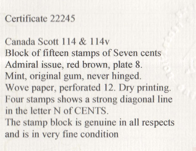 Canada #114 & #114v NH Mint Block Of 15 **With Certificate**