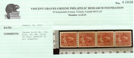 Canada #124 XF/NH Coil Strip Of Four **With Certificate**