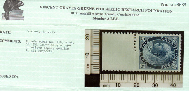 Canada #79b XF/NH Gem Margin Copy **With Certificate**